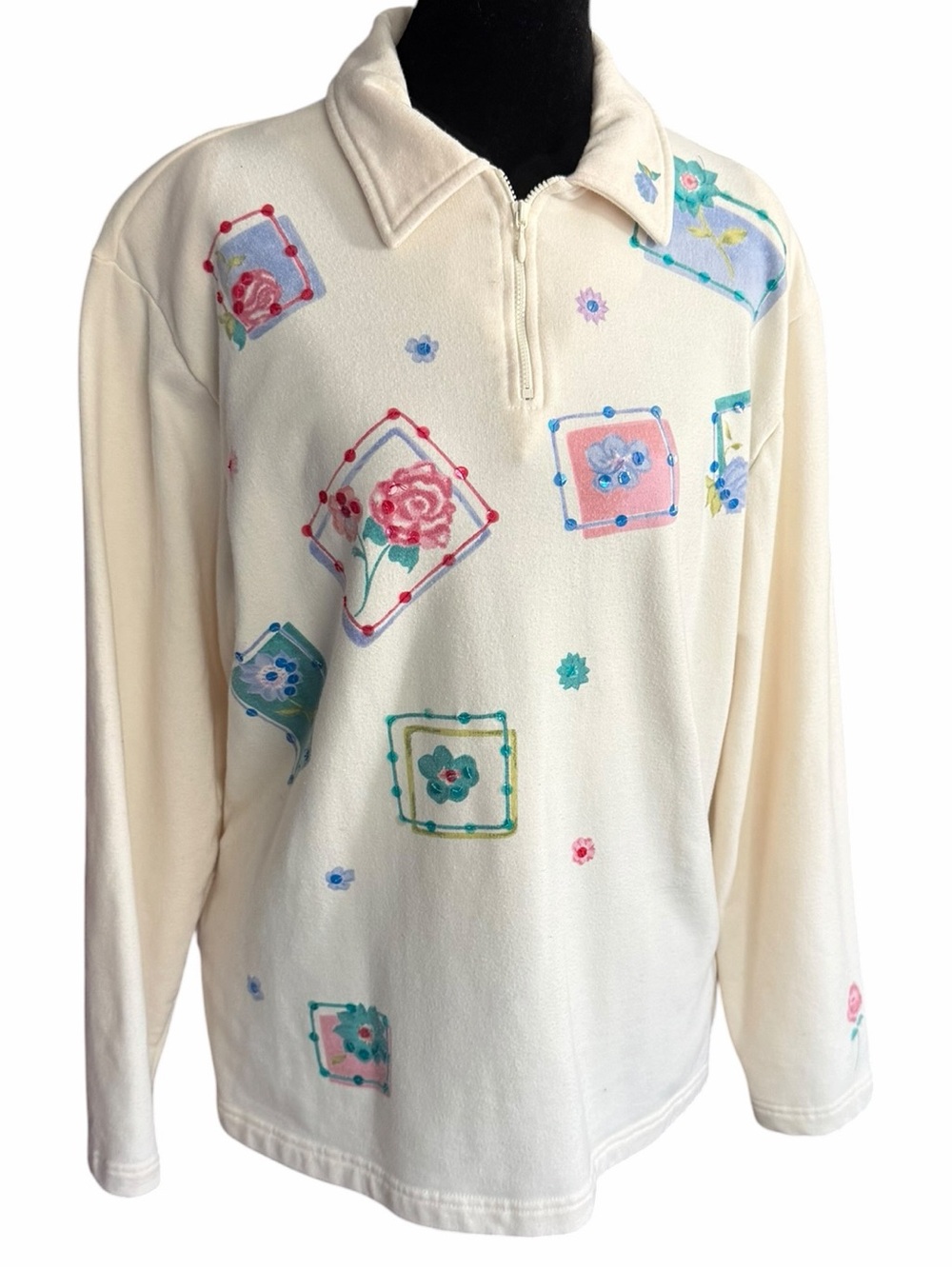 90s Y2K Teddi Petite Sweatshirt XLP Cream Multicolor Floral